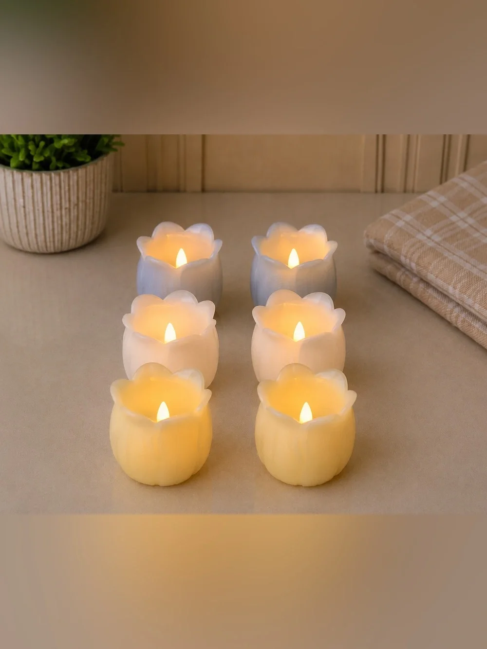 Set of 6 Tulip Flameless LED Tea Light Candles Pastel Blue White Yellow Spring